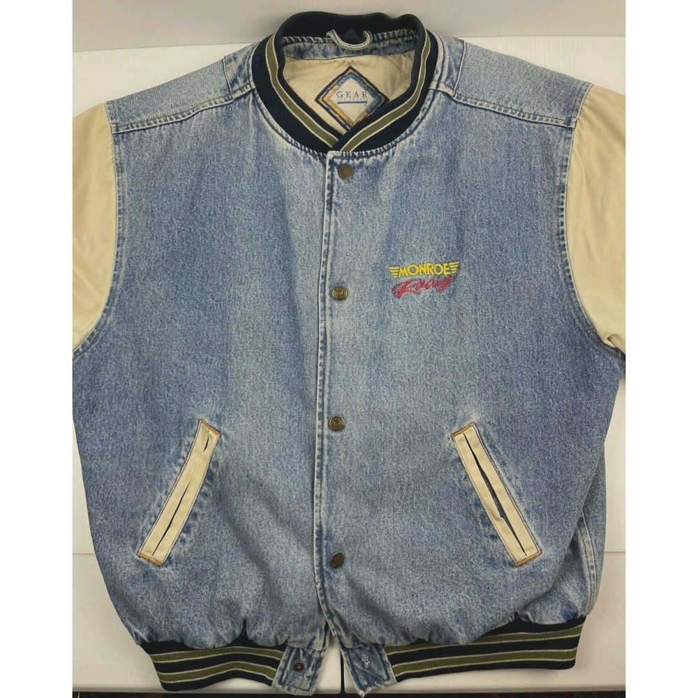 VTG 90's Monroe Racing Shocks & Struts Automotive Parts Car Denim Jacket Size L